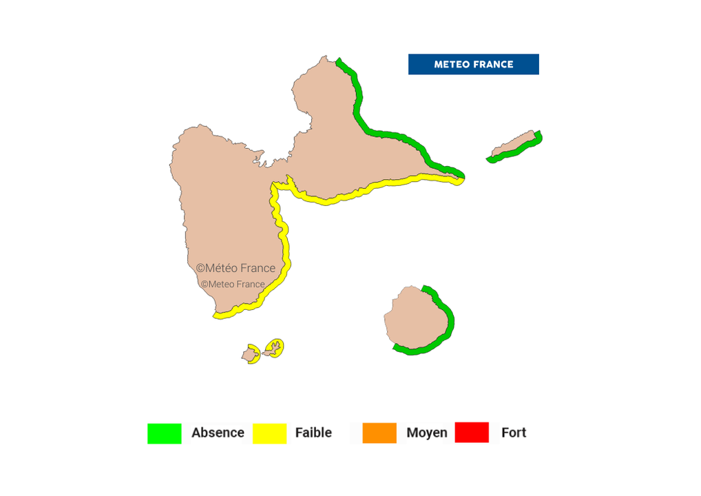 Carte officielle Météo-France de prévision d'échouement des sargasses en Guadeloupe pour les 4 prochains jours
